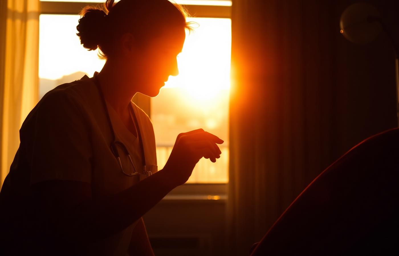 A caregiver tending to a loved one at sunrise